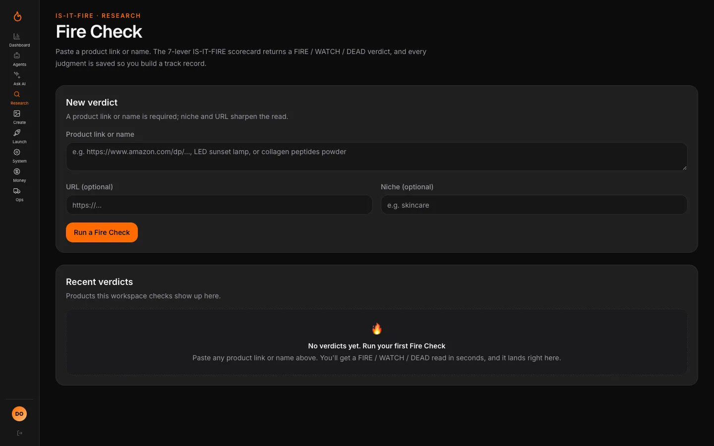 Demo Fire Check product form with optional URL and niche fields and no verdicts yet